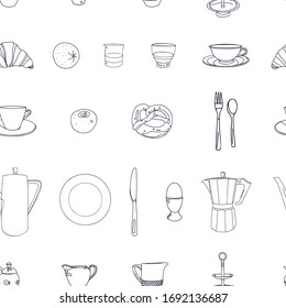 Vector line art breakfast pattern with porcelain, food and coffee pot. Breakfast, bar, hotel, restaurant, menu.