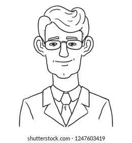 Vector Line Art Business Avatar - Young Man in Glasses and Suit . Male Character Portrait.