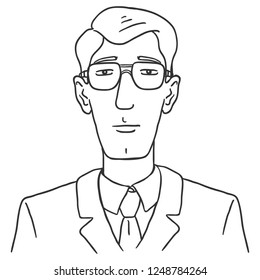 Vector Line Art Business Avatar - Young Man in Glasses and Suit . Male Character Portrait.