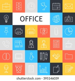 Vector Line Art Business Office Icons Set. Vector Set of Modern Thin Outline Working Place and Job Items over Colorful Squares.