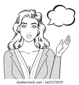 Vector line art of businesswoman pointing with hand on speech balloon isolated on white background, illustration in pop art retro comic style