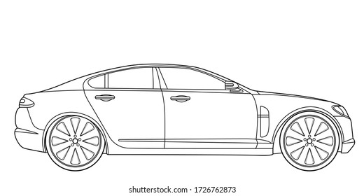 Vector line art car, concept design. Vehicle black contour outline sketch illustration isolated on white background. Stroke without fill. Cower drawing. Black-white icon.