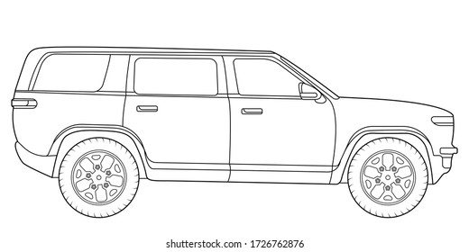 Vector Linie Kunstwagen, Concept Design. Darstellung der schwarzen Umrisslinie des Fahrzeugs auf weißem Hintergrund isoliert. Stroke ohne Füllung. Cower Zeichnung. Schwarzweißsymbol