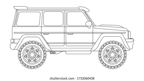 Vector line art car, concept design. Vehicle black contour outline sketch illustration isolated on white background. Stroke without fill. Cower drawing. Black-white icon.