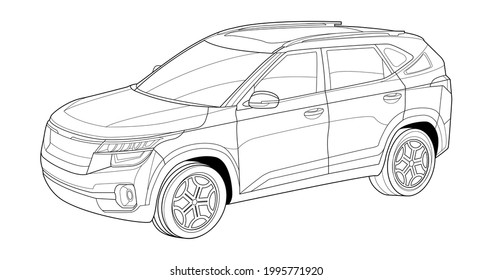 Vector line art car, concept design. Vehicle black contour outline sketch illustration isolated on white background. Stroke without fill. Cower drawing. Black-white icon.