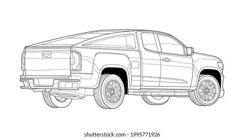 Vector line art car, concept design. Vehicle black contour outline sketch illustration isolated on white background. Stroke without fill. Cower drawing. Black-white icon.