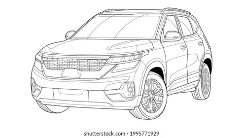 Vector line art car, concept design. Vehicle black contour outline sketch illustration isolated on white background. Stroke without fill. Cower drawing. Black-white icon.