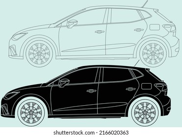 Vector line art car, concept design. Vehicle black contour outline sketch illustration isolated on white background. Stroke without fill. Cower drawing. Black-white icon.seat ibiza.