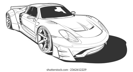 Vector line art car, concept design. Vehicle black contour outline sketch illustration isolated on white background. Stroke without fill. Cower drawing. Black-white icon.