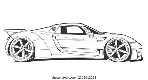 Vector line art car, concept design. Vehicle black contour outline sketch illustration isolated on white background. Stroke without fill. Cower drawing. Black-white icon.