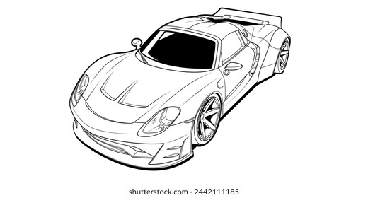 Vector line art car, concept design. Vehicle black contour outline sketch illustration isolated on white background. Stroke without fill. Cower drawing. Black-white icon.