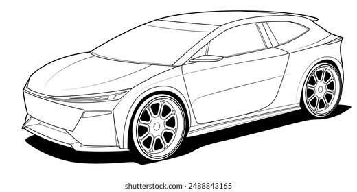 Vector line art car, concept design. Vehicle black contour outline sketch illustration isolated on white background. Stroke without fill. Cower drawing. Black-white icon.