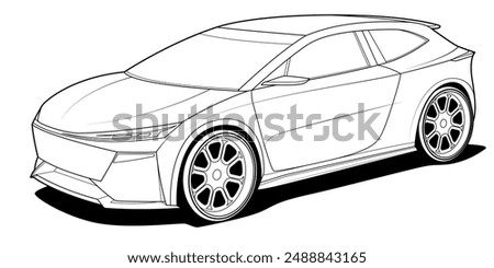Vector line art car, concept design. Vehicle black contour outline sketch illustration isolated on white background. Stroke without fill. Cower drawing. Black-white icon.