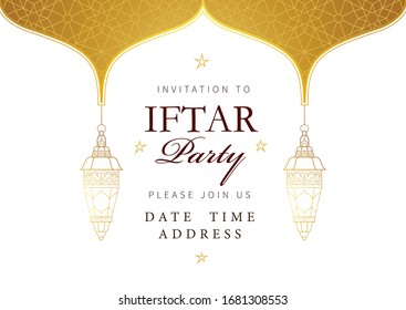 Vector line art card Iftar Party celebration, invite. Arabic decoration, lanterns, arch, stars for Iftar invitation. Cards for Muslim feast of Ramadan month. Ramadan Kareem. Ornament in Eastern style