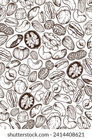 Vector line art card of mix nuts. Hand painted composition of pistachio, walnut, hazelnut and almond on white background. Tasty food illustration for design, print, fabric or background. Poster.