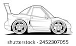 Vector line art cartoon car, concept design. Vehicle black contour illustration isolated on white background. Coloring page for books. Stroke without fill. Cower drawing. Stylized sports auto
