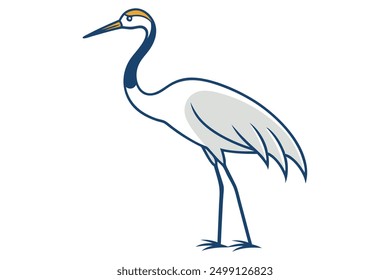 Vector Line Art Cartoon Crane Bird on White Background Cute Vector Illustration and Logo Icon