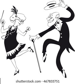 Vector line art of a cartoon elderly couple dancing the Charleston, EPS 8, no white objects 