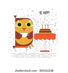 Vector Line art cartoon owl drinking tea with a cake. Cute background. Bright illustration, can be used as invitation card or birthday card.