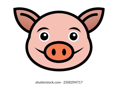 Vector Line Art Cartoon Pig Face on White Background Cute Animal Clip art, Logo Icon