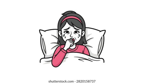 Vector line art cartoon of a young girl with a pink headband lying in bed, crying with tears on her face and coughing while covering her mouth, representing sickness or the flu.