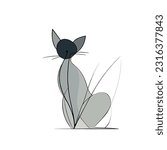 Vector line art cat Illustration. Minimal Cat, smooth lines, vector icon in outlines. Linear stylized.