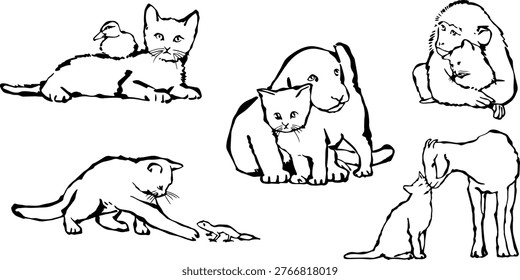 Vector line art of cats interacting with friends: a monkey, a puppy, a duckling, a gecko, and a goat. A friendly, multi-species interaction sketch.