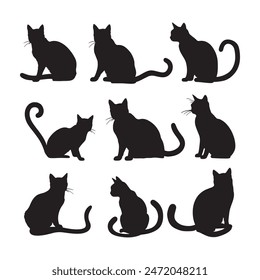 Vector línea arte gatos conjunto de silueta fondo blanco