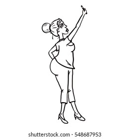 Vector Line Art Character - Latina Woman with a Cell Phone. Girl Take a Selfie Photo