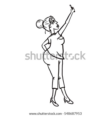 Vector Line Art Character - Latina Woman with a Cell Phone. Girl Take a Selfie Photo
