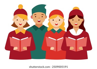 Vector Line Art of Christmas Carolers Christmas Clipart, Logo Icon, Illustration on White Background