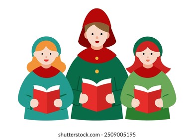 Vector Line Art of Christmas Carolers Christmas Clipart, Logo Icon, Illustration on White Background