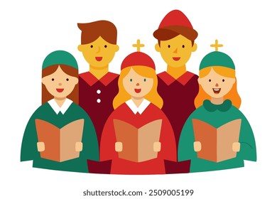 Vector Line Art of Christmas Carolers Christmas Clipart, Logo Icon, Illustration on White Background