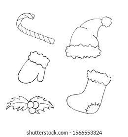 Vector line art christmas set. Santa hat, christmas socks, traditional candy,  furry gloves, christmas leaves with berries. Cartoon style