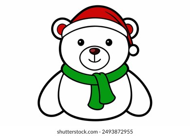 Vector Line Art Christmas Teddy Bear with Santa Hat Illustration