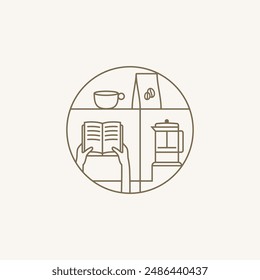 Vector line art coffee shop logo with mug, book, French press, and coffee bag illustration.