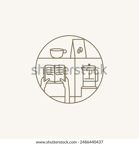 Vector line art coffee shop logo with mug, book, French press, and coffee bag illustration.