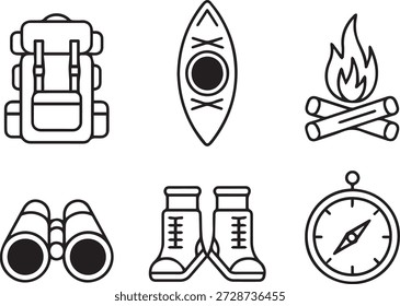 colección de arte de línea de Vector de iconos de aventura en estilo de contorno mínimo. Incluye paseos en bote, camping, viajes, mapa y actividades al aire libre para App, educación y diseños.