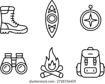 colección de arte de línea de Vector de iconos de aventura en estilo de contorno mínimo. Incluye paseos en bote, camping, viajes, mapa y actividades al aire libre para App, educación y diseños.