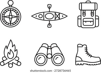 colección de arte de línea de Vector de iconos de aventura en estilo de contorno mínimo. Incluye paseos en bote, camping, viajes, mapa y actividades al aire libre para App, educación y diseños.