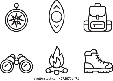 colección de arte de línea de Vector de iconos de aventura en estilo de contorno mínimo. Incluye paseos en bote, camping, viajes, mapa y actividades al aire libre para App, educación y diseños.