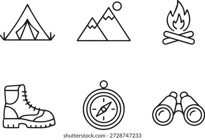 colección de arte de línea de Vector de iconos de aventura en estilo de contorno mínimo. Incluye senderismo, camping, viajes, montañas y actividades al aire libre para App, educación y diseños.