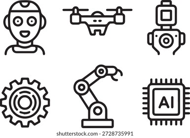 Coleção de arte de linha vetorial de ícones de IA e inteligência artificial em estilo de contorno mínimo. Perfeito para aplicativos tecnológicos, sites, aprendizado de máquina e projetos futuristas.
