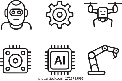 Coleção de arte de linha vetorial de ícones de IA e inteligência artificial em estilo de contorno mínimo. Perfeito para aplicativos tecnológicos, sites, aprendizado de máquina e projetos futuristas.