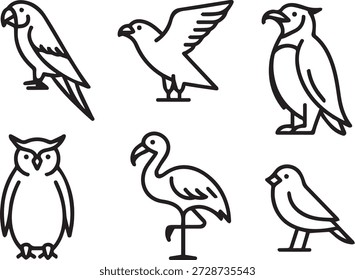 colección de arte de línea de Vector de aves en estilo de contorno mínimo. Incluye búhos, gorriones, loros y otras aves para iconos, materiales educativos e ilustraciones.