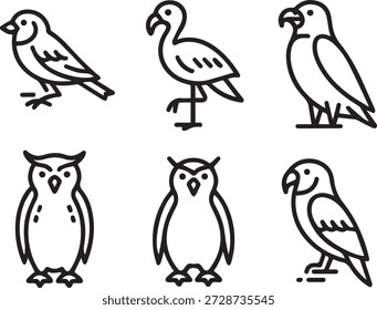 colección de arte de línea de Vector de aves en estilo de contorno mínimo. Incluye búhos, gorriones, loros y otras aves para iconos, materiales educativos e ilustraciones.