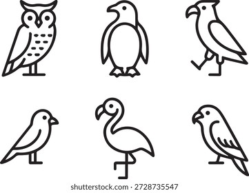 colección de arte de línea de Vector de aves en estilo de contorno mínimo. Incluye búhos, gorriones, loros y otras aves para iconos, materiales educativos e ilustraciones.