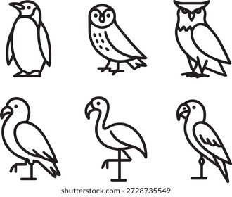 colección de arte de línea de Vector de aves en estilo de contorno mínimo. Incluye búhos, gorriones, loros y otras aves para iconos, materiales educativos e ilustraciones.