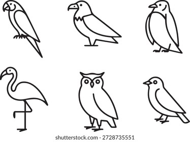 colección de arte de línea de Vector de aves en estilo de contorno mínimo. Incluye búhos, gorriones, loros y otras aves para iconos, materiales educativos e ilustraciones.