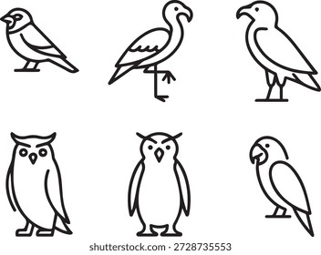 Coleção de arte de linha vetorial de pássaros em estilo de contorno mínimo. Inclui coruja, pardais, papagaios e outras aves para ícones, materiais educacionais e ilustrações.